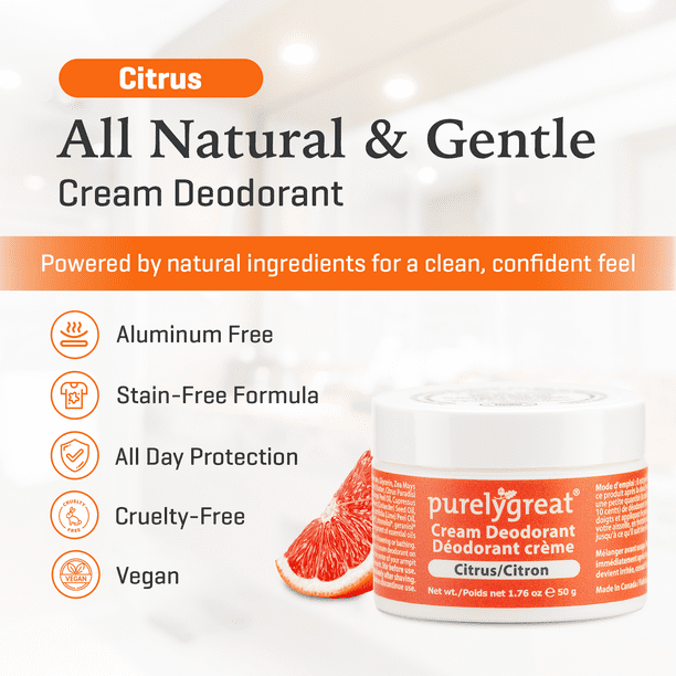 4 Pack - Purelygreat Natural Deodorant Cream - Citrus 50g Aluminum