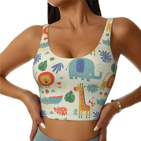 Qokaie Jungle Animals Pattern Womens Scoop Neck Sports Bra Breathable Workout Vest Padded U Back Medium Impact Fitness Gym Yoga Bra Workout Crop Top-Medium