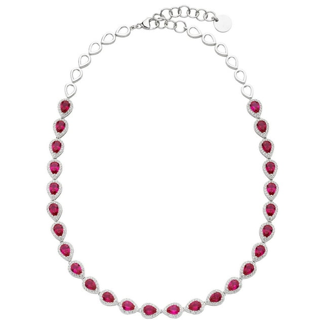 Pear Cut Lab Created Gemstone Halo Tennis Necklace in Sterling Silver