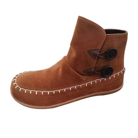 

hopeusnice Women s Ankle Boots Button Decor Suede Winter Warm Booties Flat Shoes Comfortable Slip On Plush Lined Short Boots Brown 36