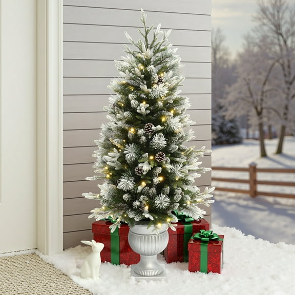 LuxenHome 4.5Ft Pre-Lit Green Artificial Christmas Tree with Light Faux Snow and White Pot