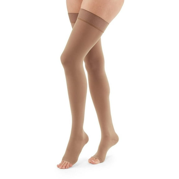 duomed Advantage Soft Opaque 30-40 mmHg Thigh High Open Toe w/Top Band Compression Stockings, Almond, Small, Petite