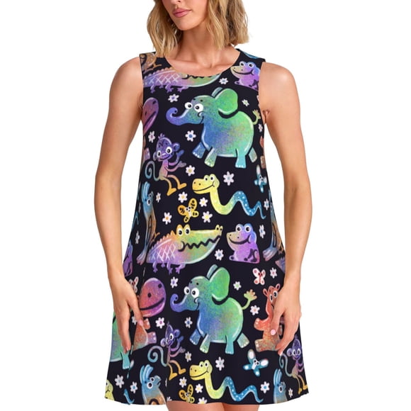 Fotbe Colorful Animals Vestido de Verano sin Mangas para Mujer – Vestido Midi Línea A, Estilo Camiseta Floral, Vestido Playero Casual y Fluido