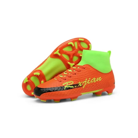 

Daeful Men Football Shoes Professional Soccer Cleats Ground Athletic Sneakers Lace Up Spikes Training Shoe Youth Slip Resistant Orange Lemon Green 11