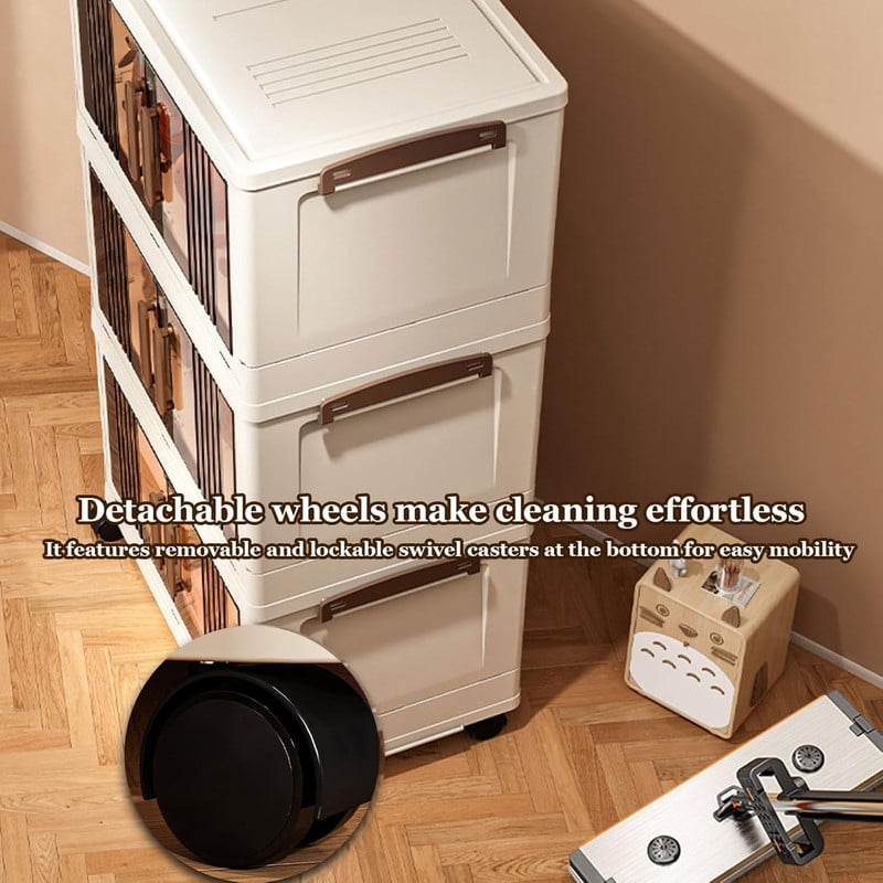 3-Tier Stackable Storage Bins with Lids, Collapsible Rolling Closet Organizer with Wheels, Plastic Storage Cabinet Closet Organizer for Bedroom Living Room