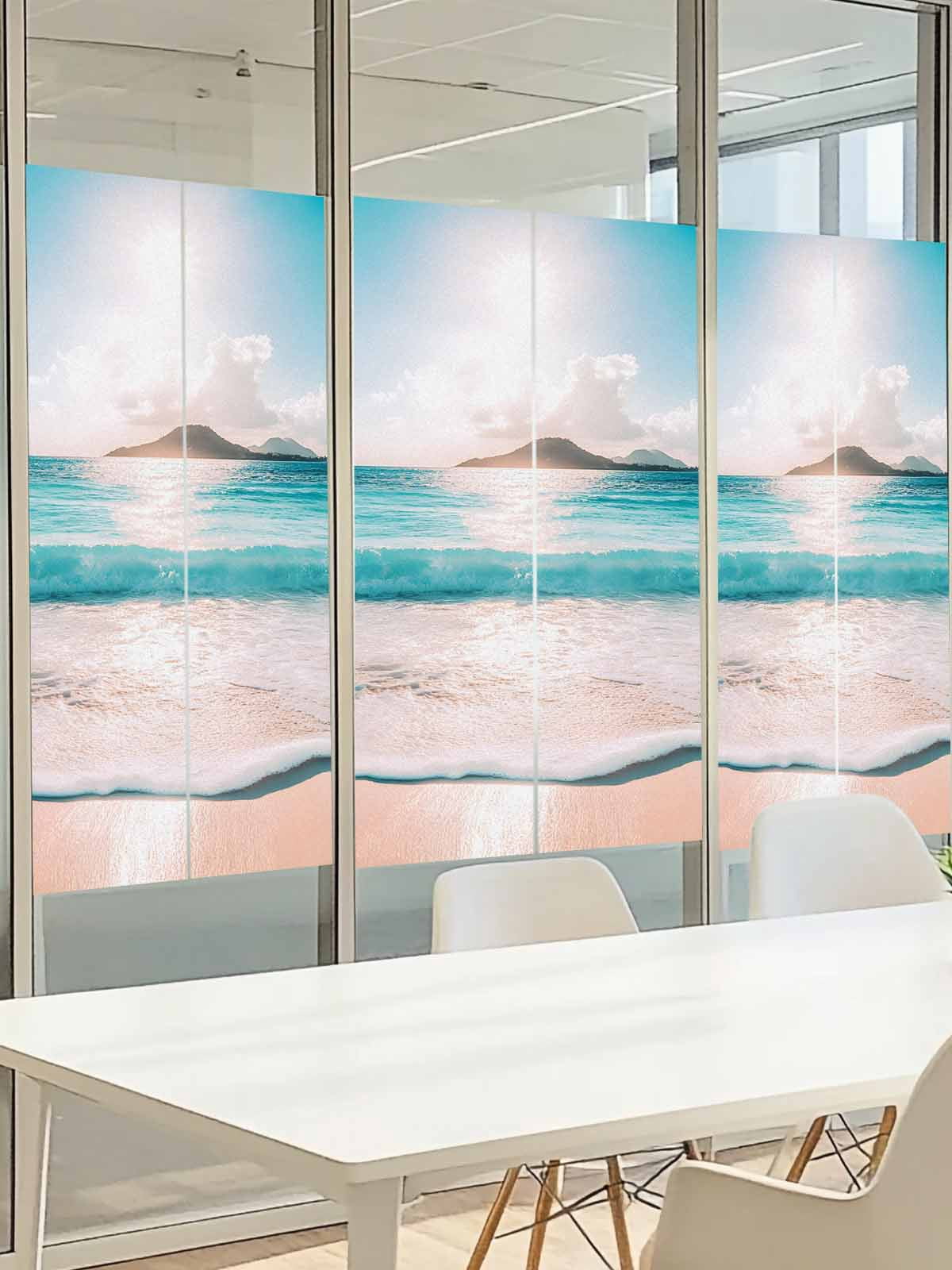 Summer Blue Sky Window Privacy Film, Modern Style Ocean Beach Wave Frosted Glass Window Clings Static Cling UV Heat Blocking Reusable Door Sticker for Bathroom 23.6 x 59 Inch