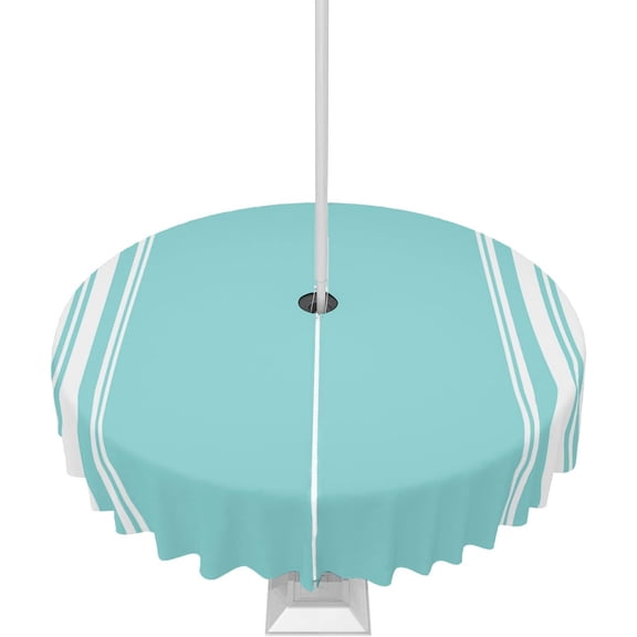 Outdoor Tablecloth with Umbrella Hole, Farmhouse Teal White Stripe Round Tables Waterproof Tabletop Collection for Patio, Garden, Picnic, Camping, Dining 60R