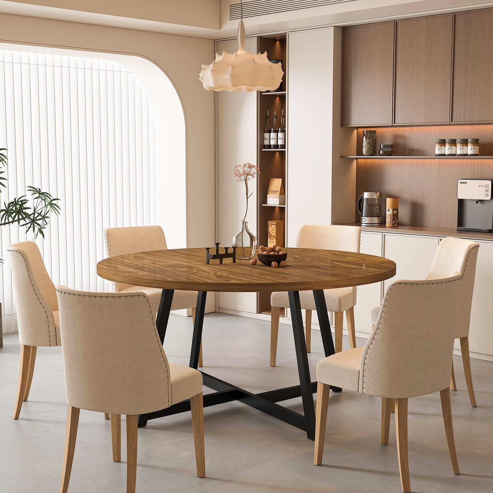 JassmiPkwy Round Dining Table for 4-8 People,Kitchen Dining Room Circle Dinner Pedestal Table,Space Saving Wood Kitchen & Dining Room Furniture (Brown, 59In)