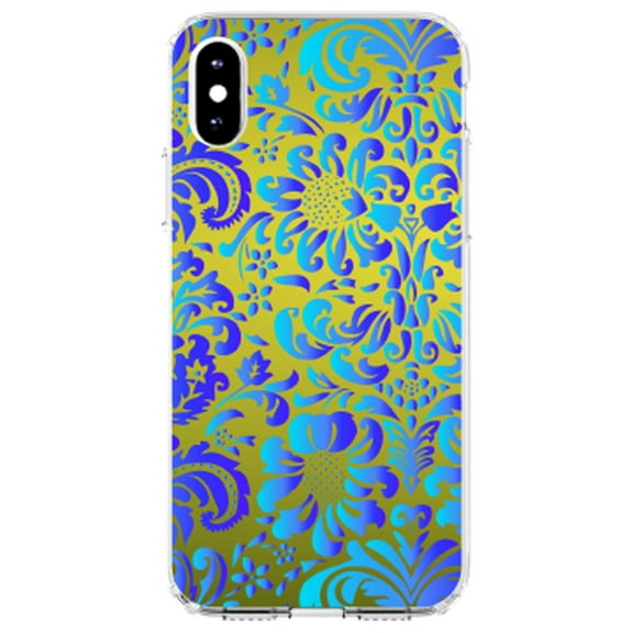 DistinctInk Clear Shockproof Hybrid Case for iPhone X / XS (5.8" Screen) - TPU Bumper, Acrylic Back, Tempered Glass Screen Protector - Green Blue Teal Floral Pattern
