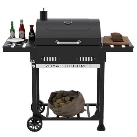 Royal Gourmet CD1824ET 24-Inch Movable Charcoal BBQ Grill with Foldable Side Shelves, Temperature-Controlled