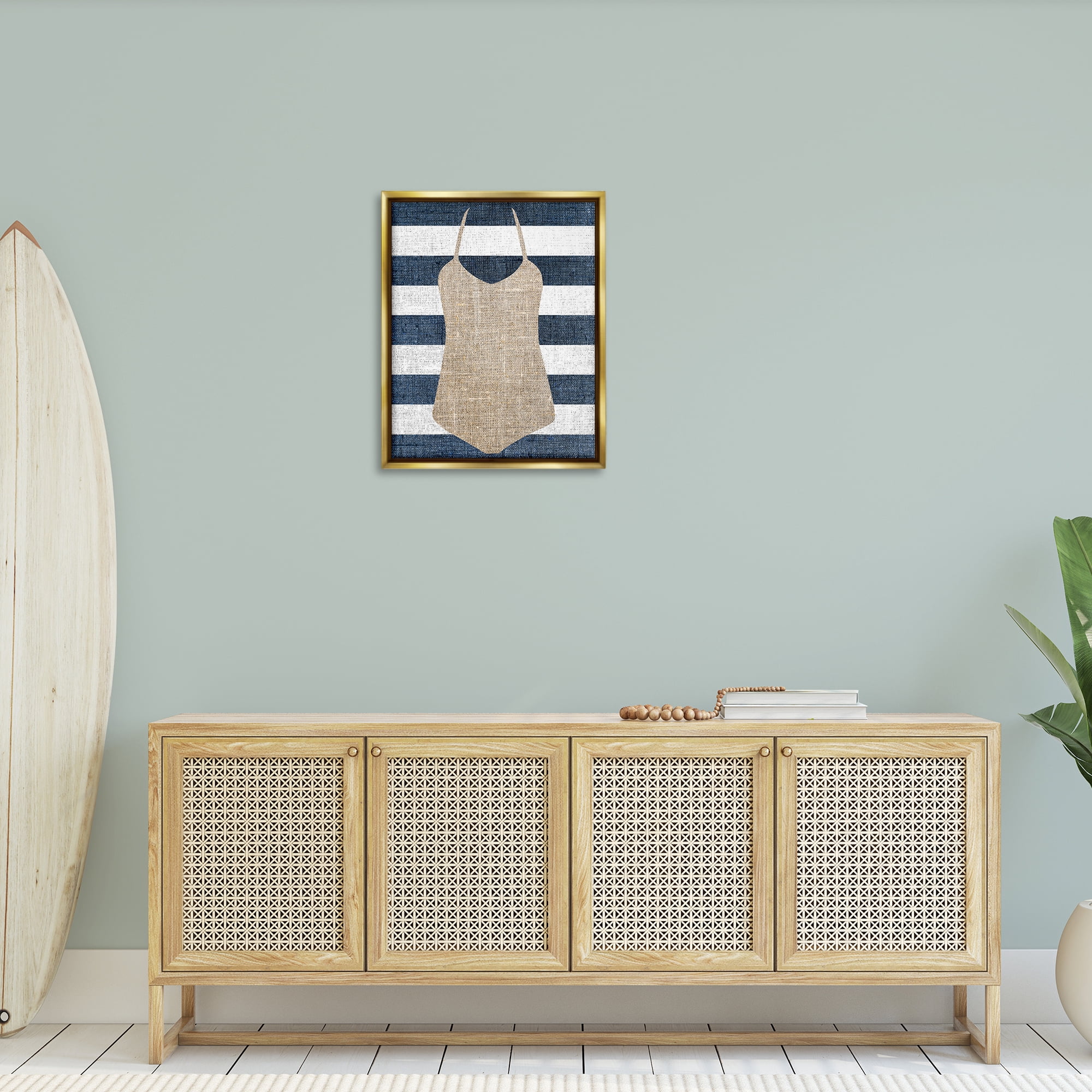 Stupell Industries Swimsuit on Stripes Beauty & Fashion Painting Gold Floater Framed Canvas Art Print Wall Art, 25 x 31