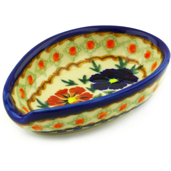 Polish Pottery 5-inch Spoon Rest (Paradise Poppy Theme) Signature UNIKAT Hand Painted in Boleslawiec, Poland   Certificate of Authenticity