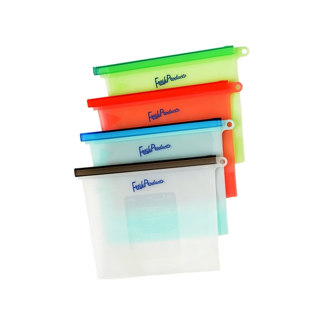 Sac de Rangement Alimentaire en Silicone Réutilisable, Lot de 4 - Conservation des Aliments, Contenant Alimentaire Hermétique, Écologique, Résistant aux Fuites, Sac de Cuisson sous Vide par Fresh Productz - 4 Petits Sacs - Couleurs Assorties