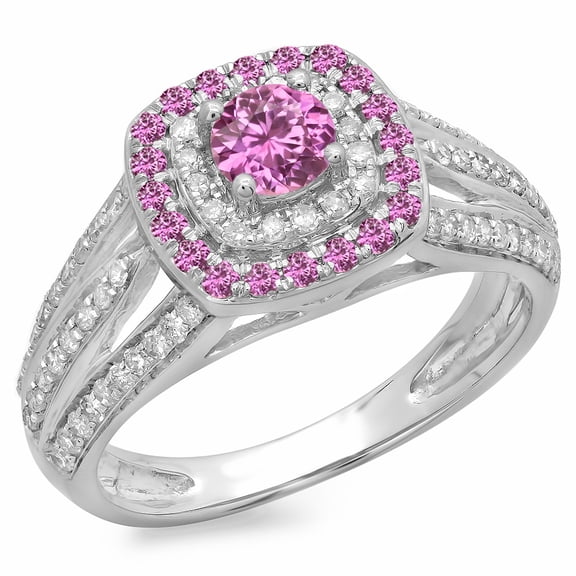 Dazzlingrock Collection 14K Round Cut Pink Sapphire & White Diamond Vintage Style Bridal Halo Ring, White Gold, Size 8