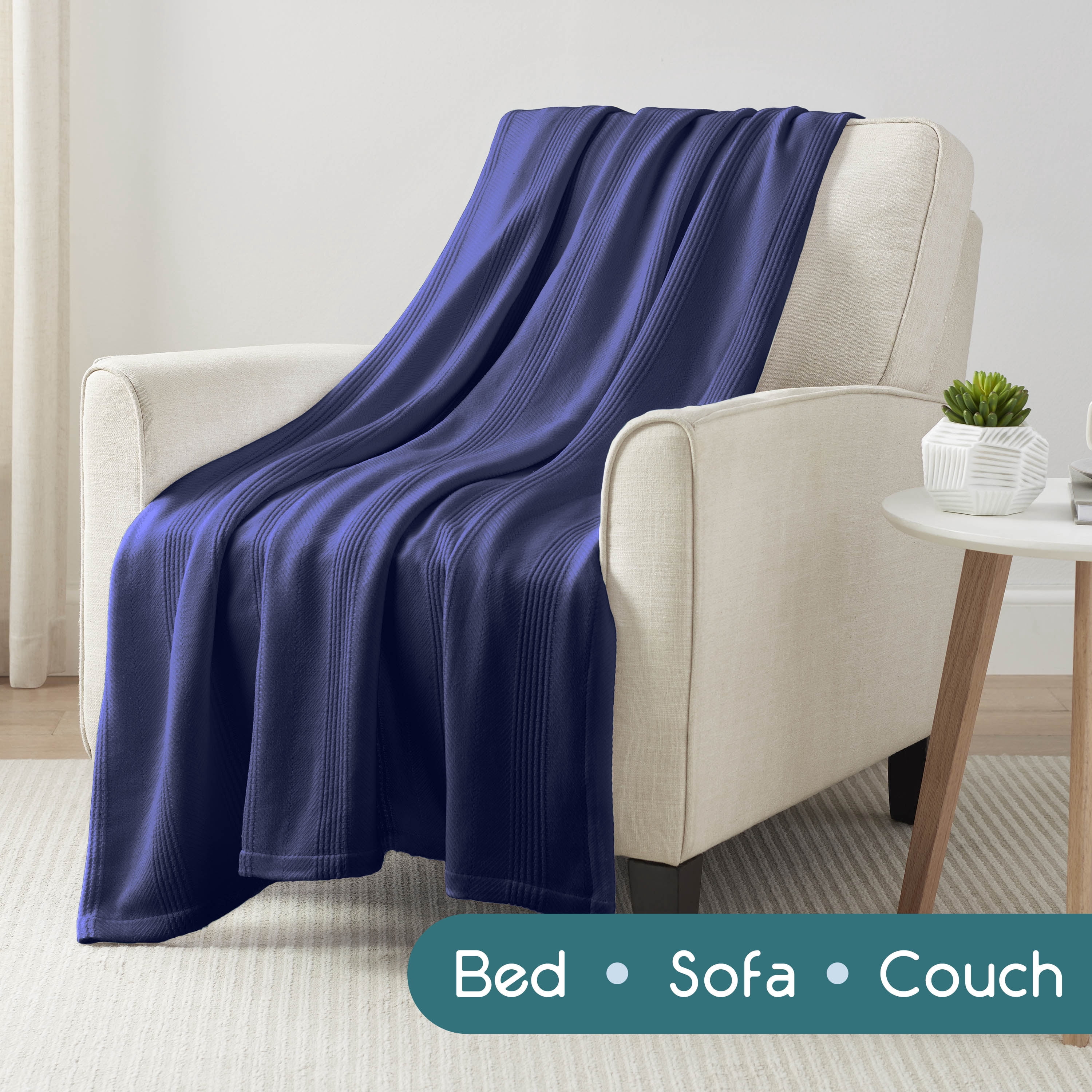 Lightweight Breathable 100% Cotton Knit Blanket – All-Season Bed Blanket – King Size – Navy