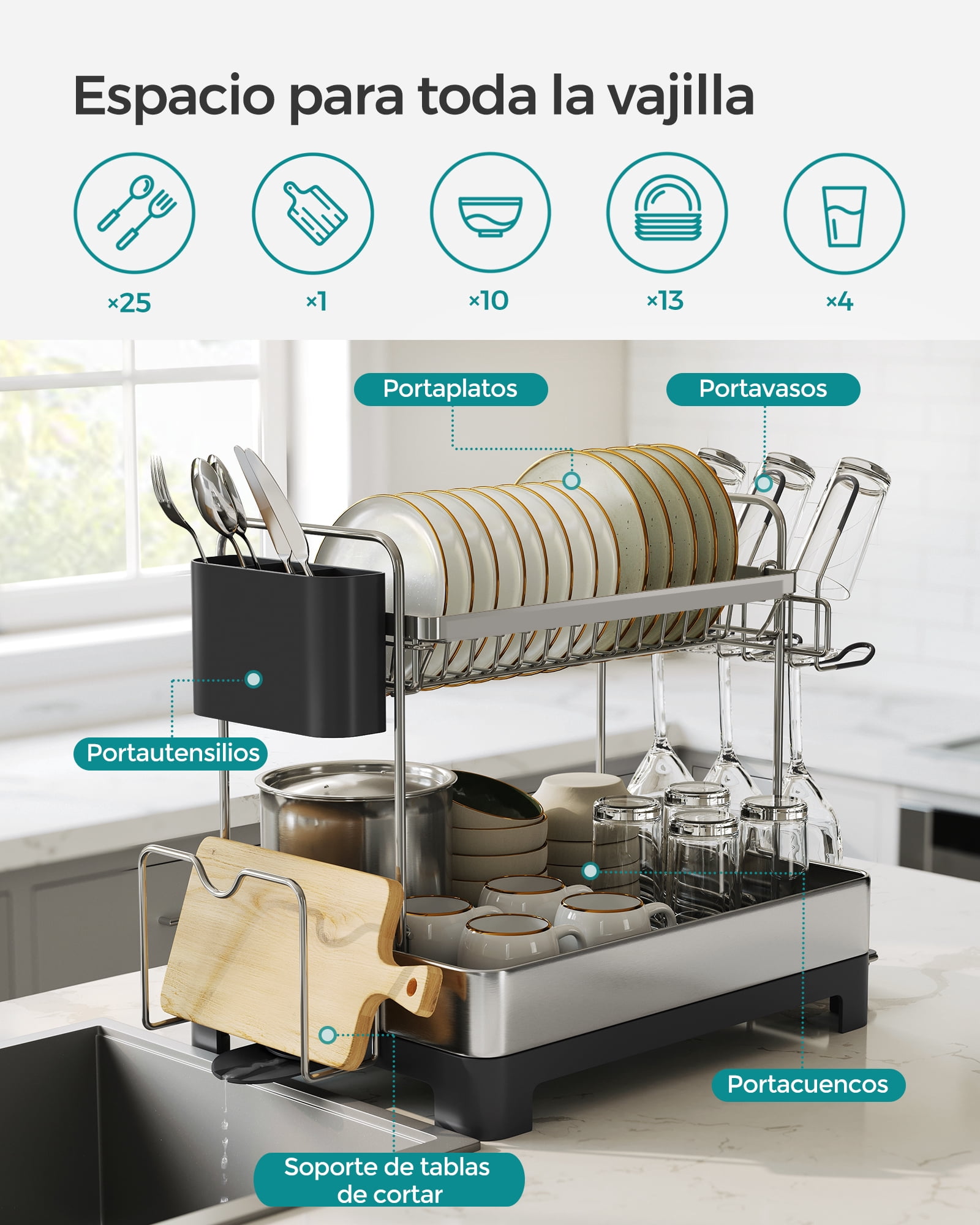 2 Tier Dish Drying Rack with Rotatable and Extendable Drain Spout, Dish Drainer, Black