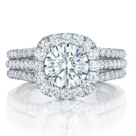 FACOS 1 Carat Lab Grown Diamond Trio Wedding Ring Set - Round Cut Halo Statement Ring in 18K White Gold Plating for Women - size 10