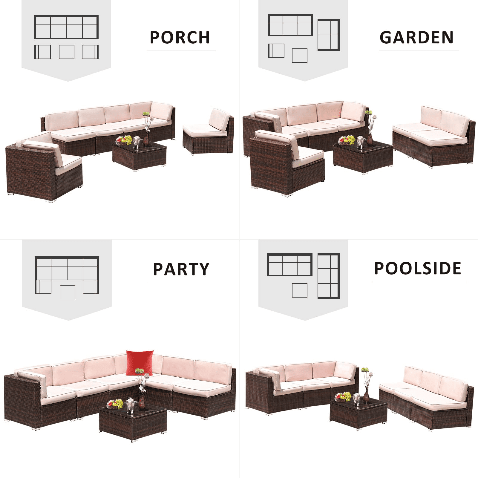 Amopatio 7 Pieces Patio Conversation Set, Outdoor Sectional PE Rattan Wicker Furniture Seat,Beige