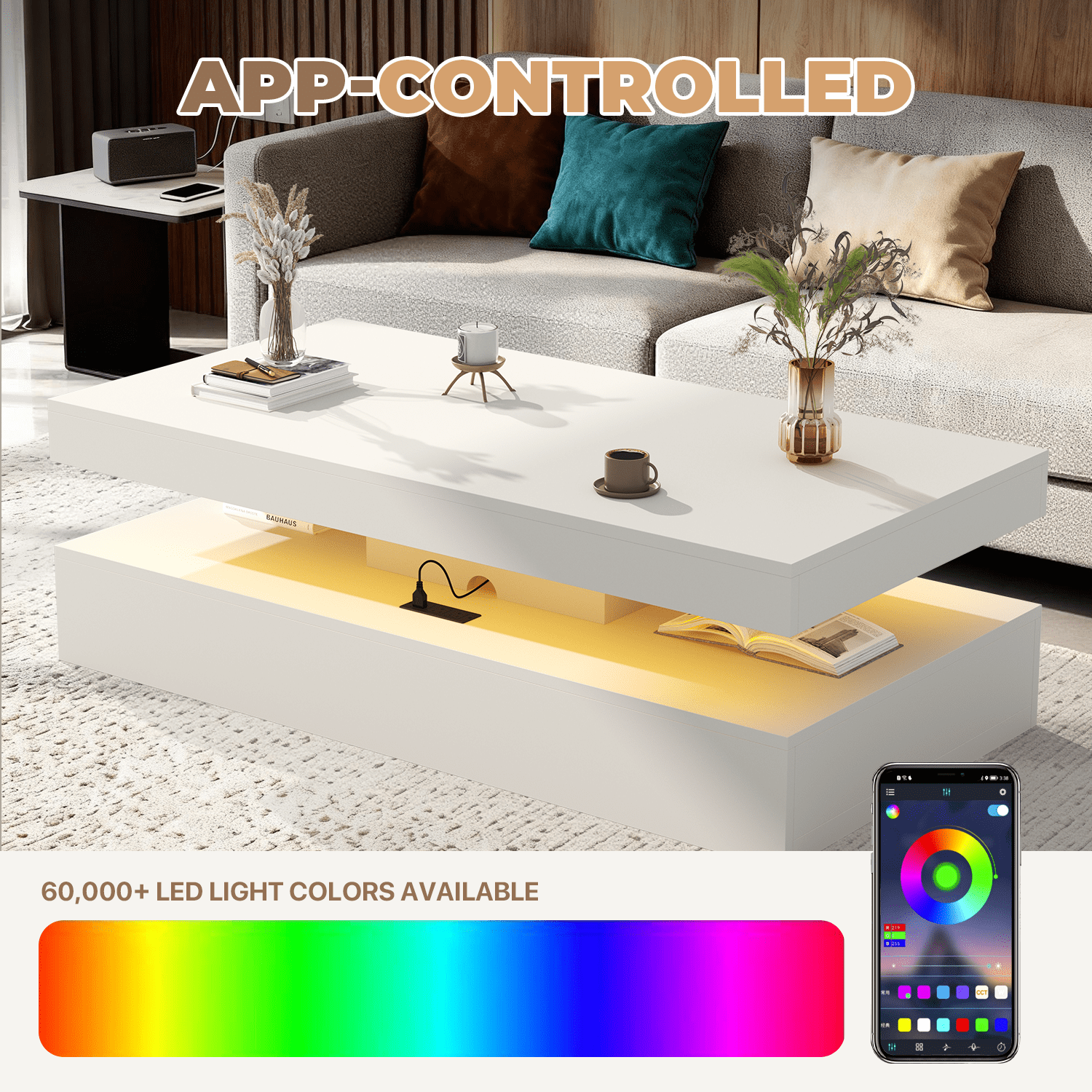 BaPiPro 47 Inch Modern LED Coffee Table with 2 Drawers, USB Charging & Smart Control, Large Center Table for Living Room, White