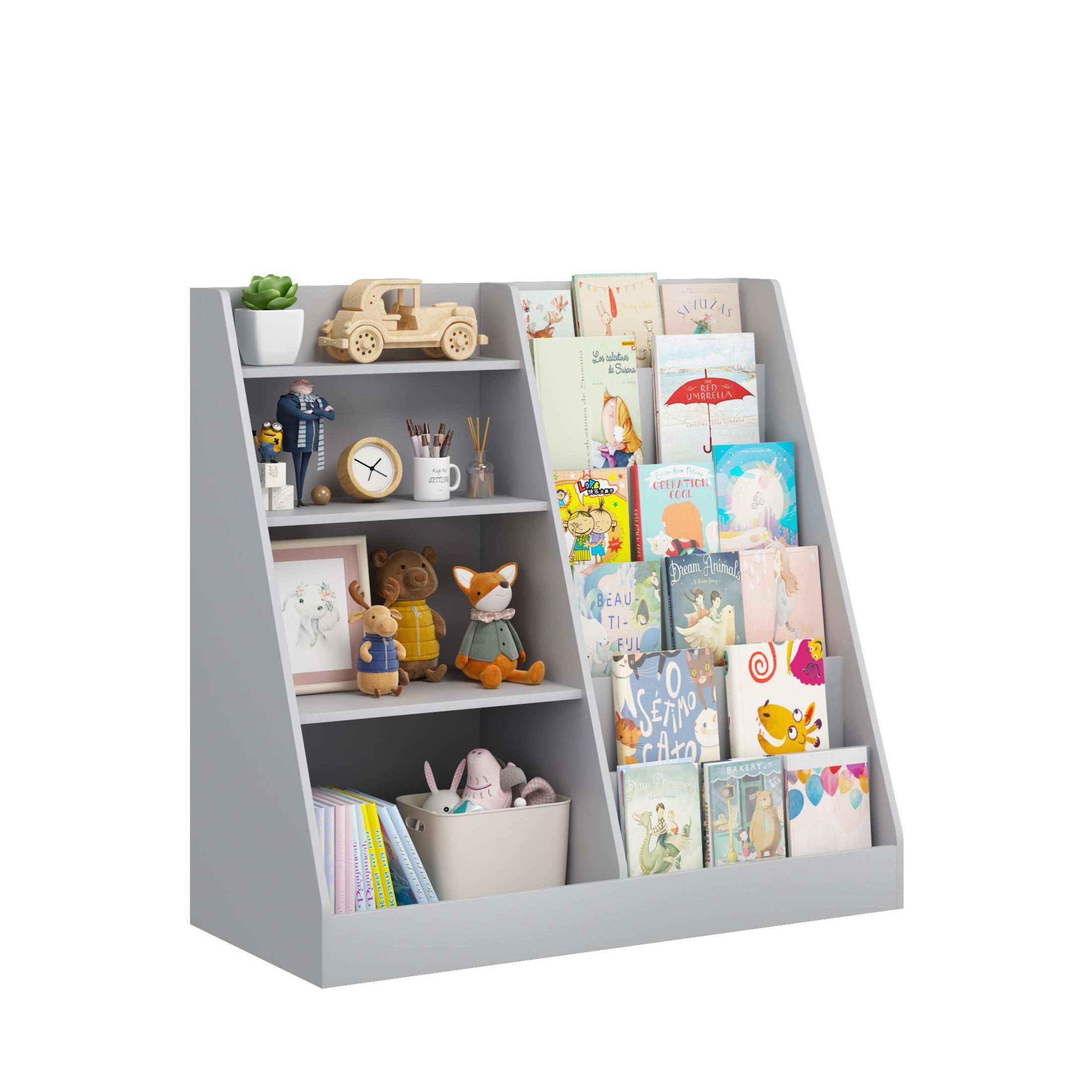 Noble House Kids Bookshelf and Toy Storage Organizer, 4-Tier Wooden Bookcase for Nursery, Playroom, Gray