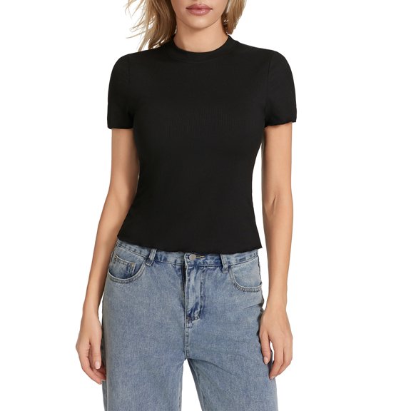 Michellecmm Women's Solid Color Tops Short Sleeve Crew Neck Lettuce Trim T-Shirts