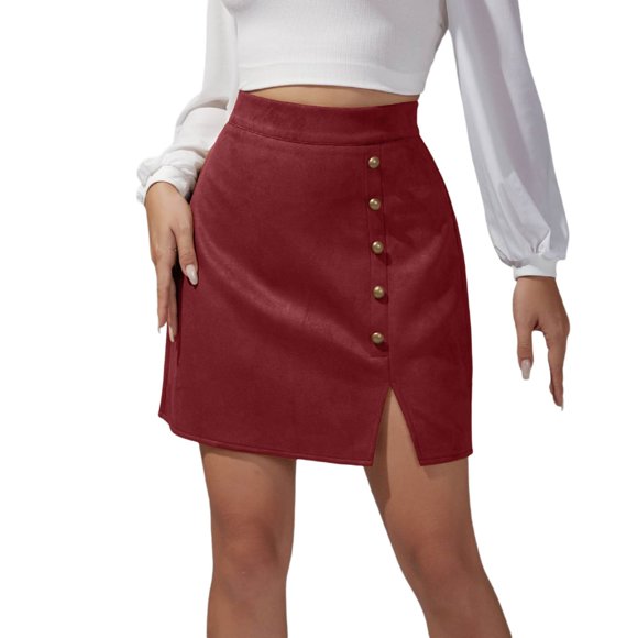 Women's Solid Color Suede Skirt European And High Waist Metal Buckle Skirt Denim Women Outfits for Women Plaid Skirts Drawstring Skirts for Ruched Wedding Desk Red M