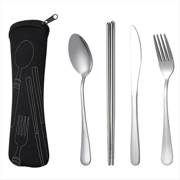 Juego de 4 Piezas de Vajilla Portátil de Acero Inoxidable, Cuchara, Tenedor, Cuchillo para Carne, Cubiertos de Viaje, Vajilla con Bolsa Negra