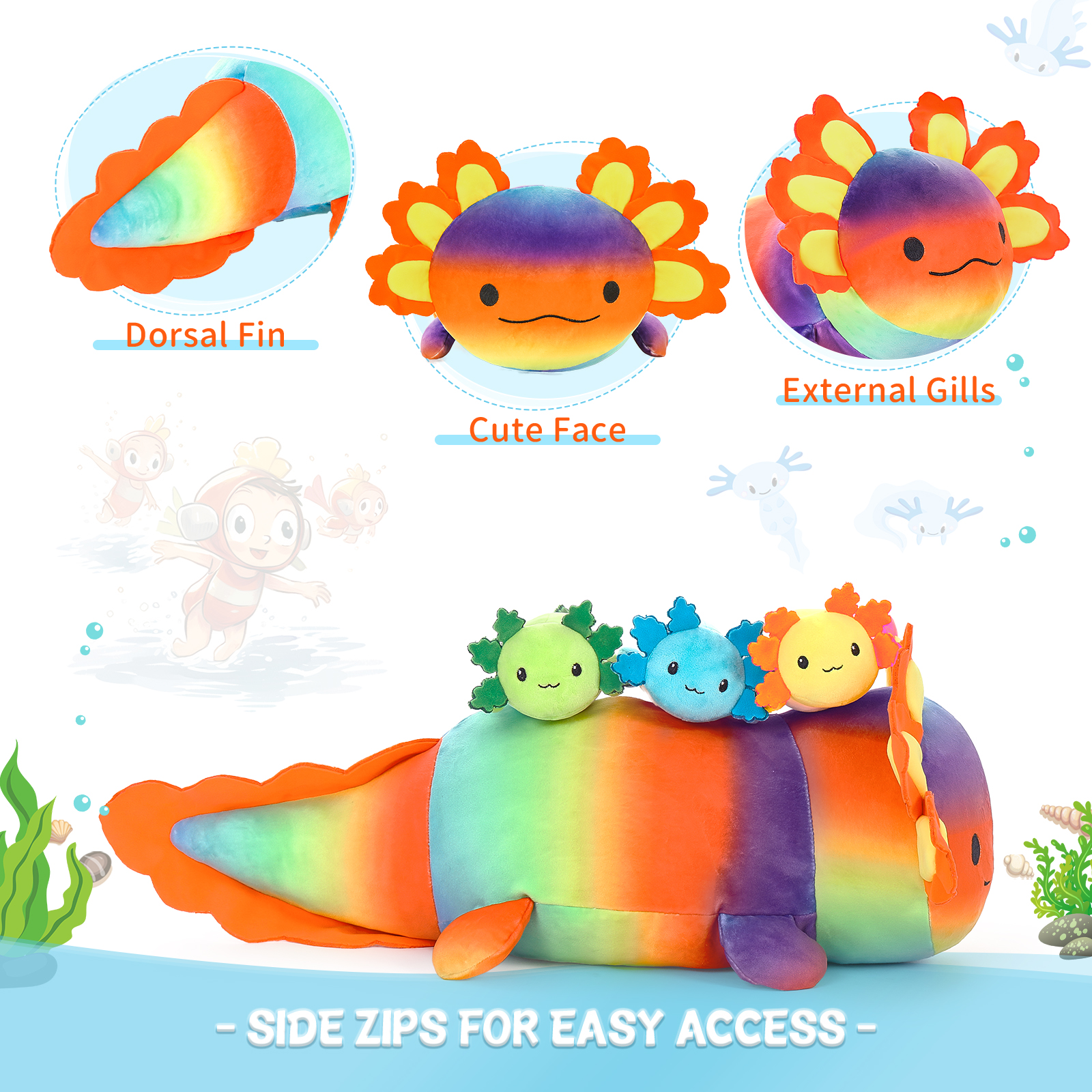 MaoGoLan 23.6" Giant Axolotl Stuffed Animals with 3 Babies Inside Large Axolotl Plush Toy