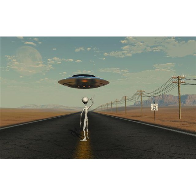 A Grey Alien Hitching A Ride From A Passing Ufo Poster Print, 18 x 11