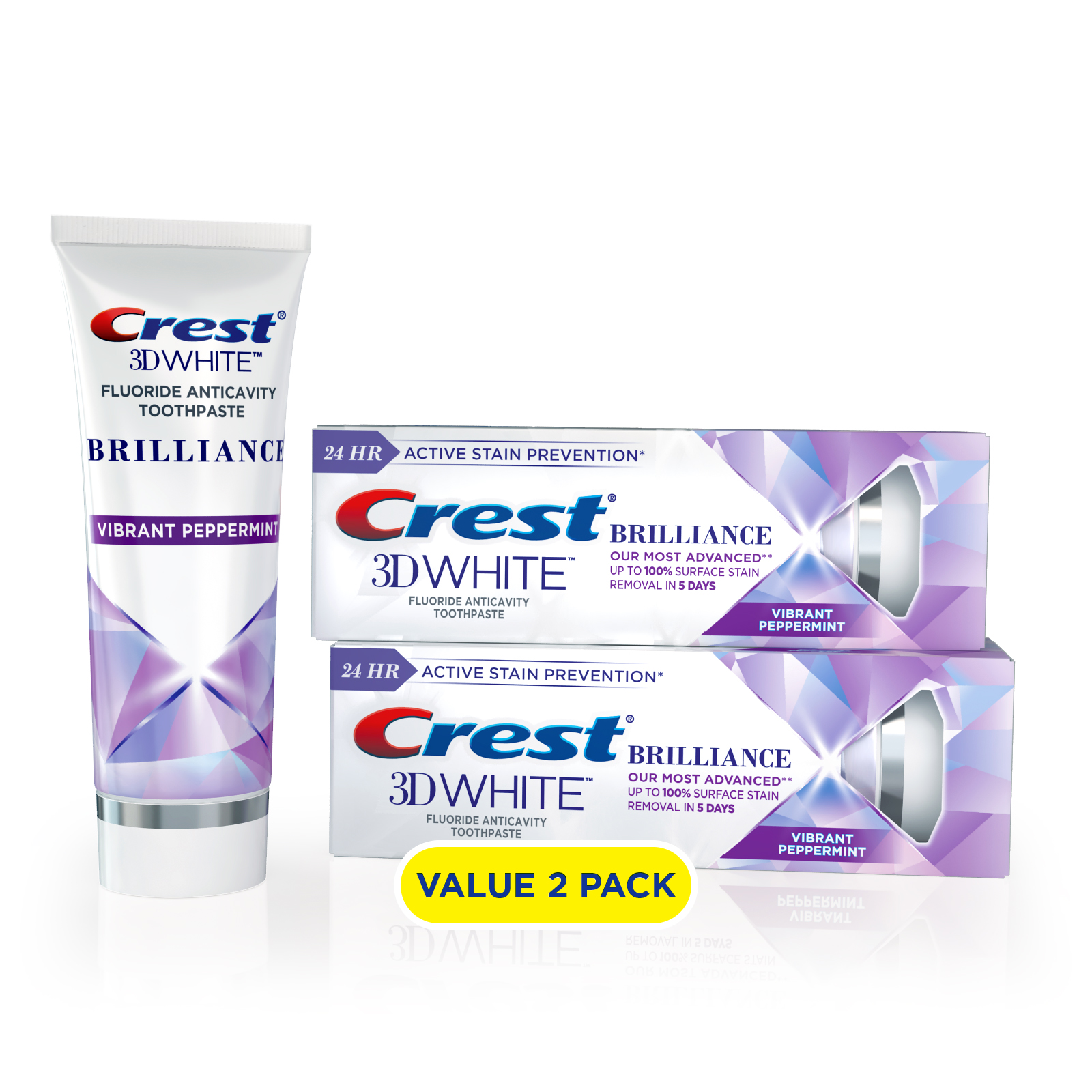 Crest 3D White Brilliance Toothpaste, Vibrant Peppermint, 3.9 oz, Pack of 2 - image 2 of 10