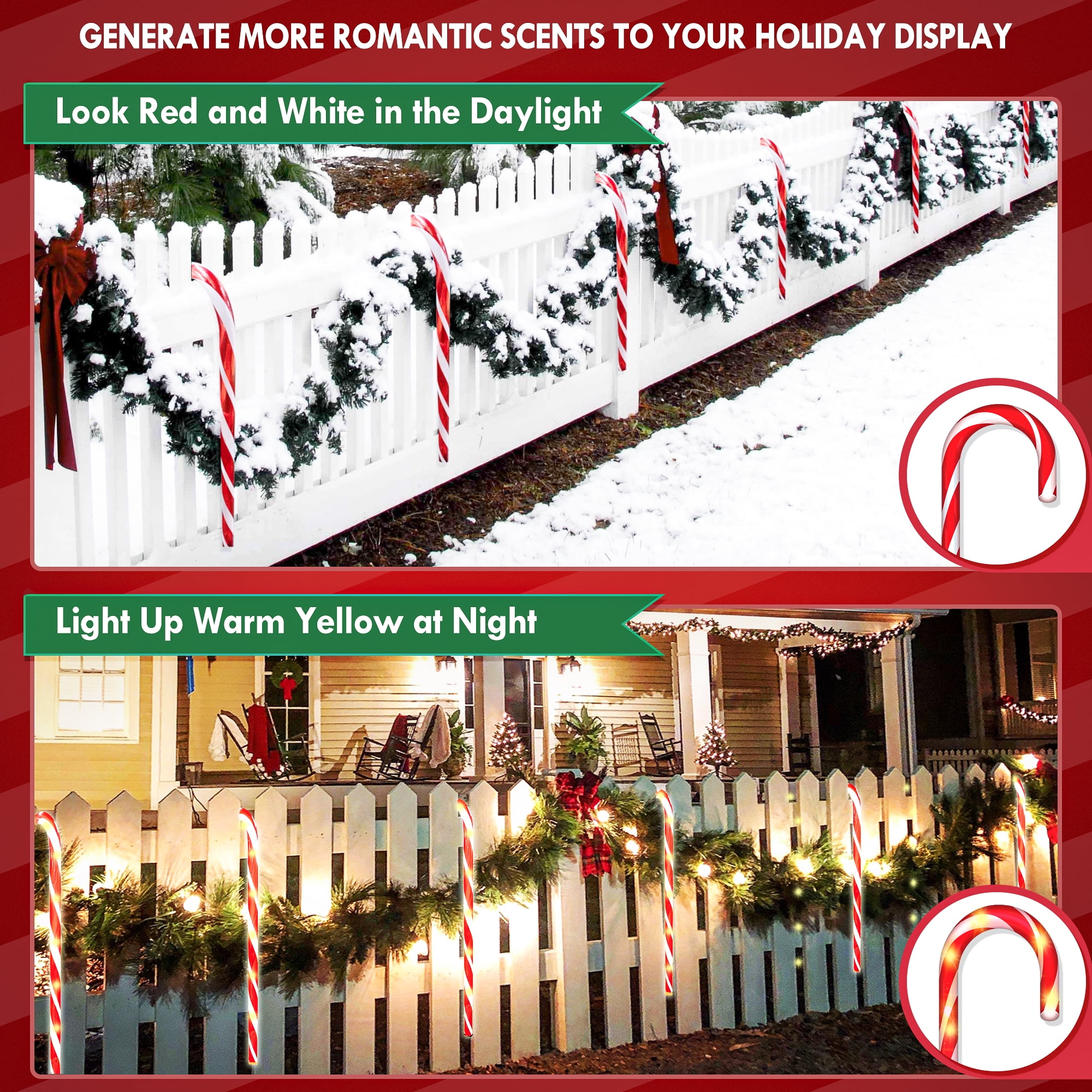 Christmas Candy Cane Lights 21 inch 10 Pack 8 Lighting Modes Flickering Candy Cane Pathway Marker Outdoor Indoor Waterproof UL Listed Christmas Lighting Decoration Light