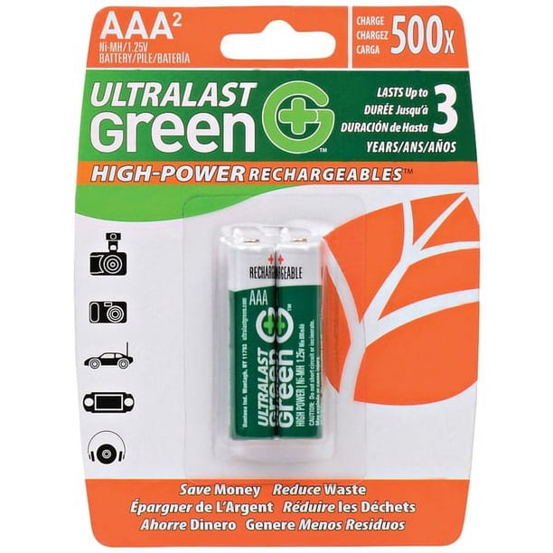 ULTRALAST Baterías AAA NiMH recargables de alta potencia verdes ULGHP2AAA, paquete de 2