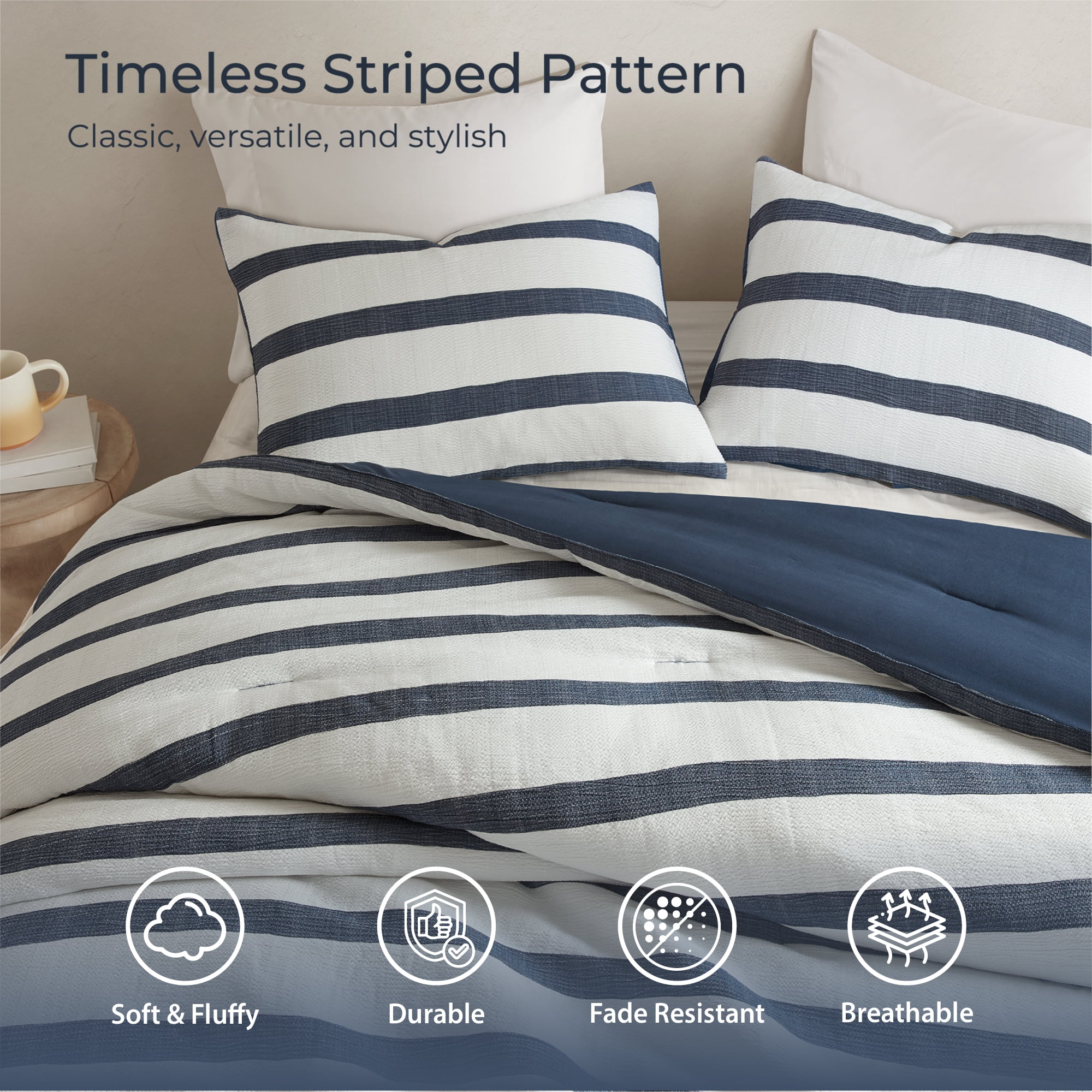 Regency Heights Full/Queen Comforter Set, Striped Texture Bedding Comforter Sets, 3 Pieces Tonal Stripes Woven Comforter with Pillow Sham, Blue