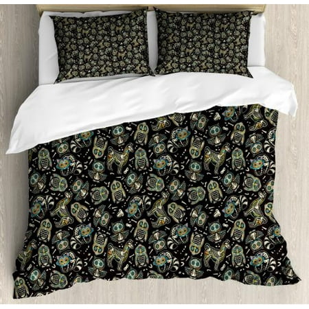 Sugar Skull Queen Size Duvet Cover Set Owl Penguin Llama And