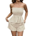 thumbnail image 3 of Gifts Dianli Fashion Women Ruffled Stripe Print Tube Top and Shorts Casual Two Piece Set, Trendy Sleeveless Pullover with Elastic Waist, Stylish Comfy Summer Lounge or Party Outfit Pink M, 3 of 7