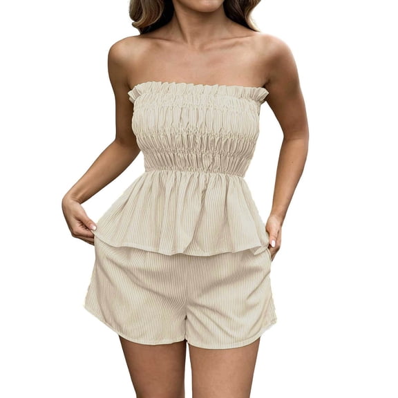 Erwazi Two Piece Sets for Women Solid Elastic Bandeau Top Elastic Waist Regular Shorts Daily Trendy Outfit Summer Sets