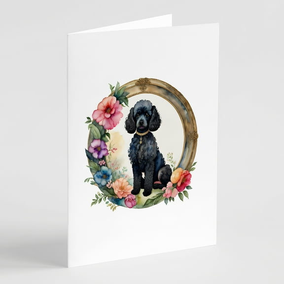 Black Poodle and Flowers Greeting Cards and Envelopes Pack of 8 7 in x 5 in
