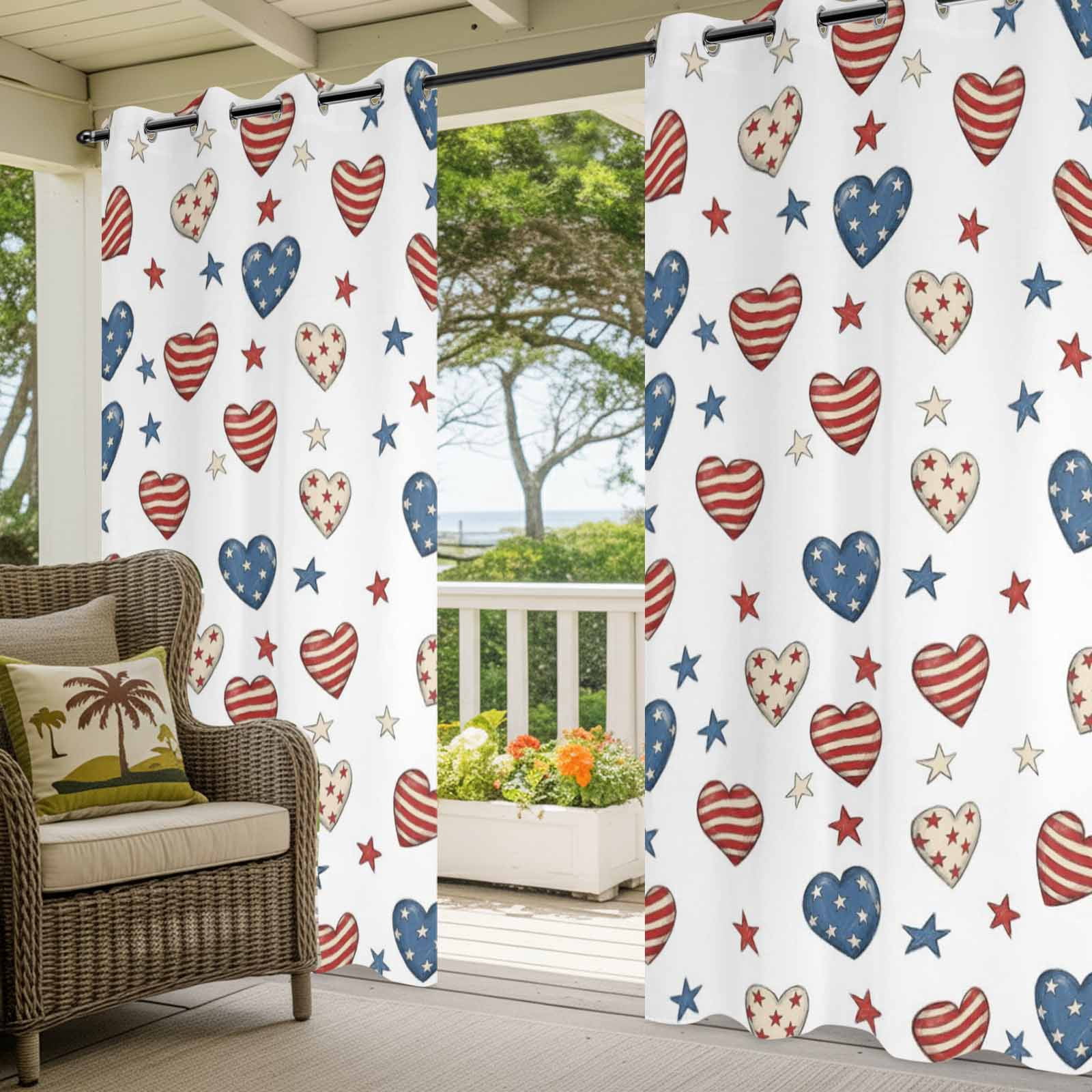 Independence Day Outdoor Curtains for Patio, Patriotic Watercolor Red Stripe Blue Love Heart Star Sunshade Privacy Drapes Grommet Waterproof Outside Curtains for Porch Balcony 54"x108", 1 Panel
