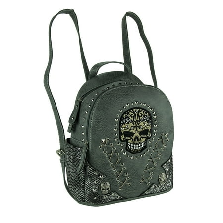 - Embroidered Skull Small Studded Leather Texture Backpack w/ Stitch Details