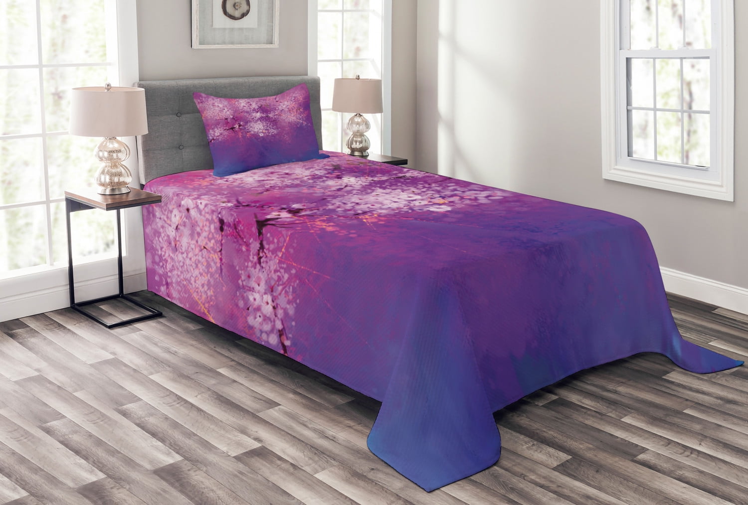 Flower Bedspread Set Twin Size, Asian Japanese Cherry Blossom with Hazy