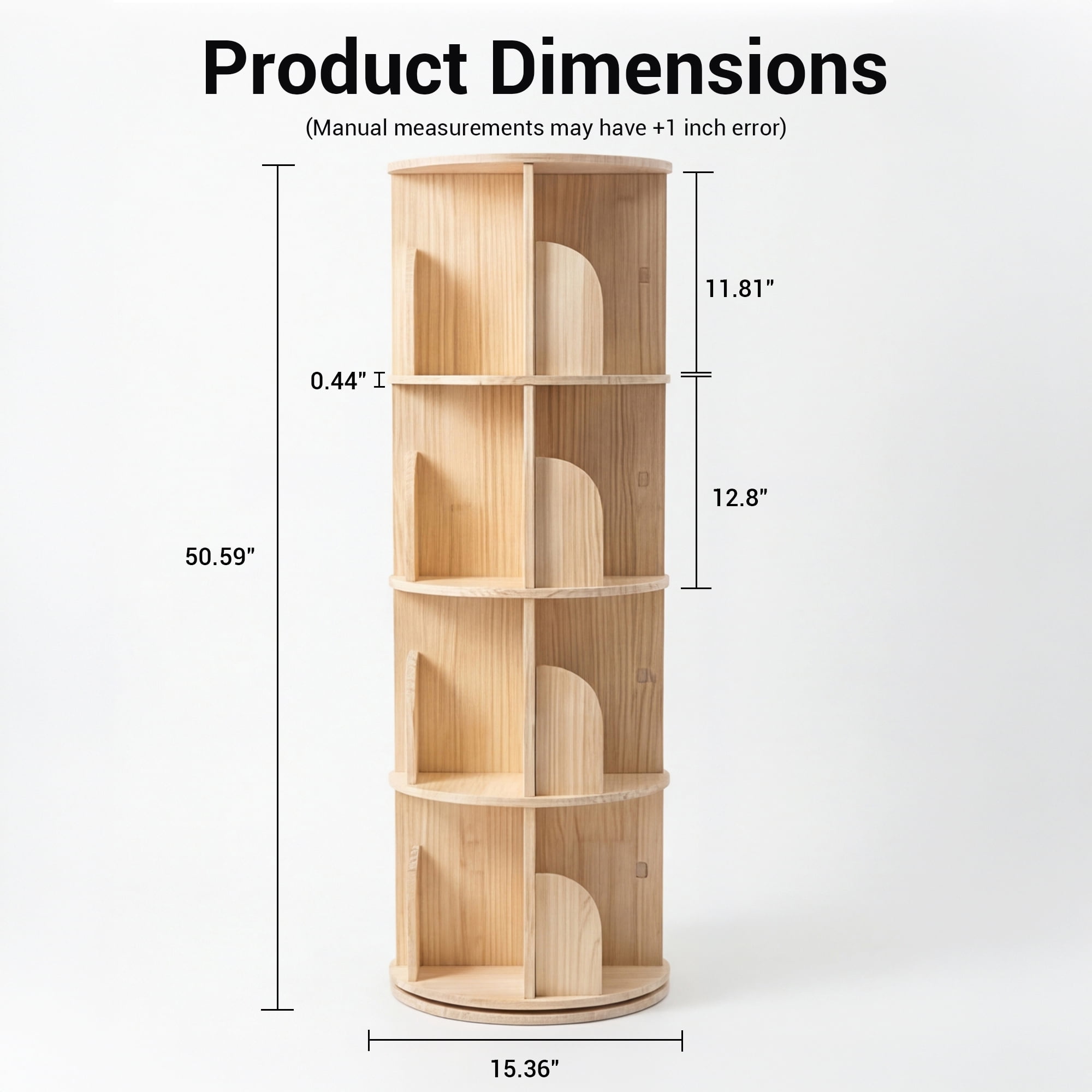 4 Tier Rotating Bookshelf, Round Floor Standing Bookcase with 360° Spinning Storage, Wooden Display Shelf for Books, Décor and Toys, Natural