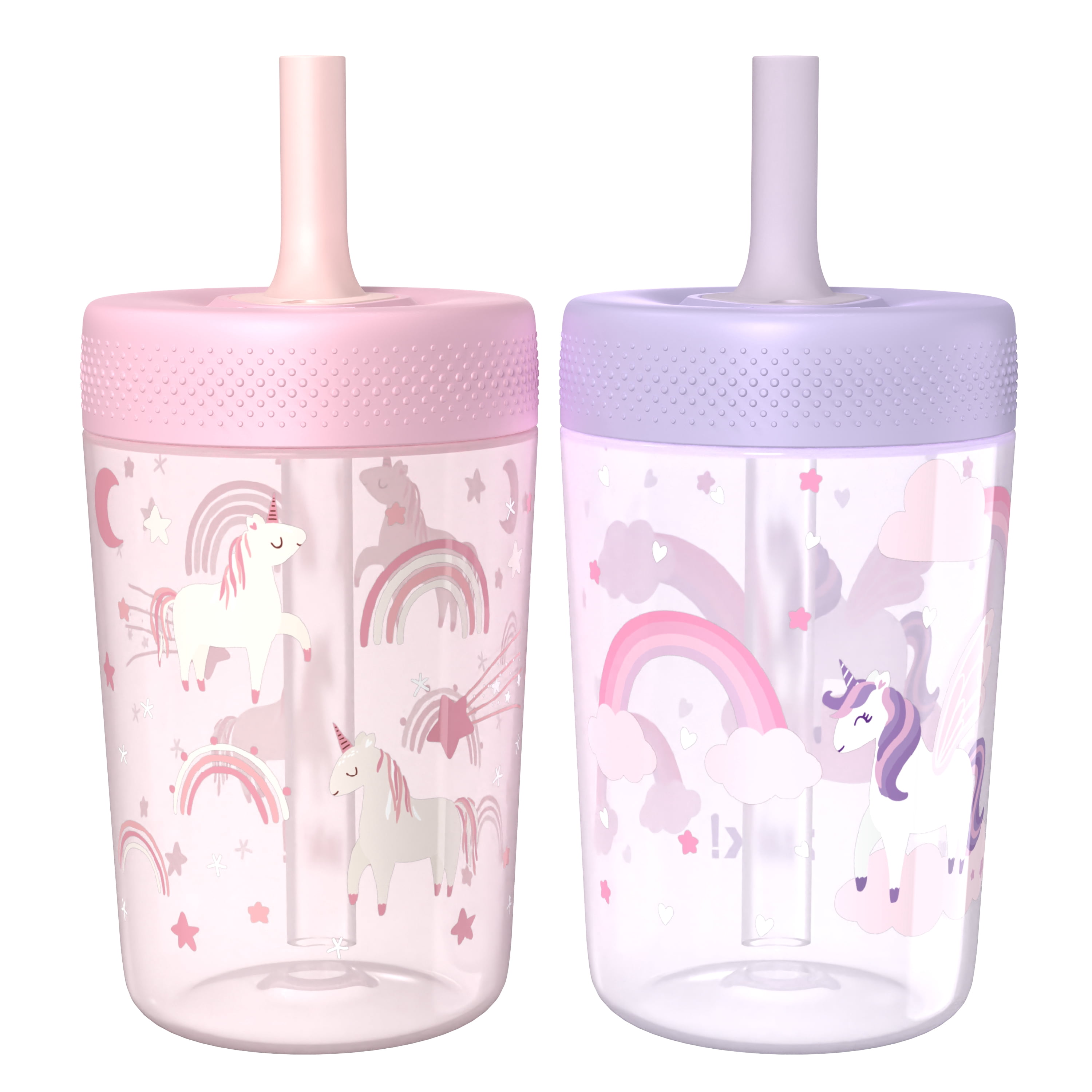 Zak Designs 12oz Rainbow Magic Durable Plastic Capri Tumbler with Straw, 2 Pack