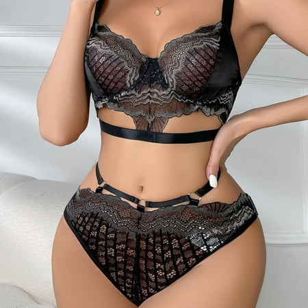 

Idoravan Lingerie Set for Women Clearance Ladies Fashion Cute Lingerie Hollow Lace Heart Underwear Thong Garter Suit