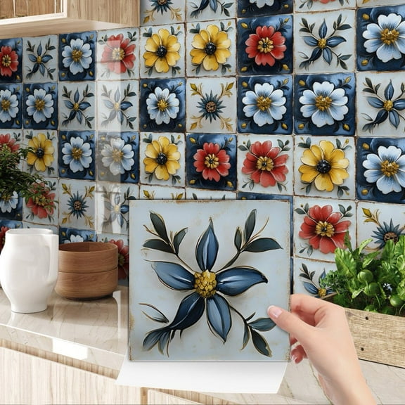 24 Piece Self Adhesive Tiles Stickers Wall Decals 8 x 8in Waterproof Kitchen Backsplash Multicolour Flowers Pattern DIY Decor Peel and Stick Tile Mural