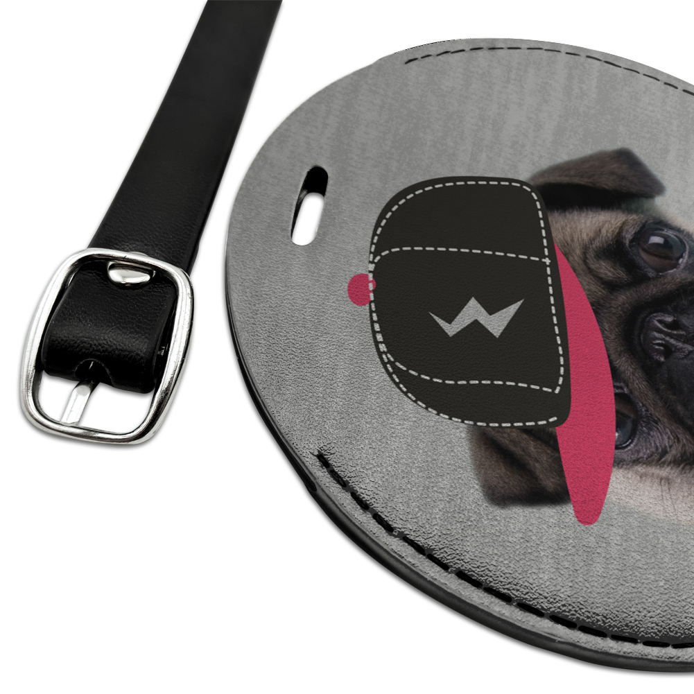 Tough Pug Puppy Dog in Cap Hat Round Leather Luggage Card Suitcase Carry-On ID Tag - image 2 of 8
