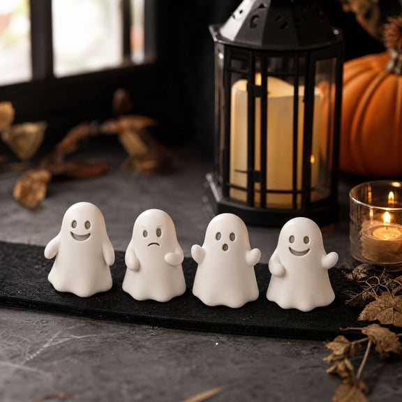 4 Pack Mini White Ghost Figurines, Cute Resin Halloween Desktop Decor with Assorted Expressions, Spooky Tabletop Statues for Tiered Tray