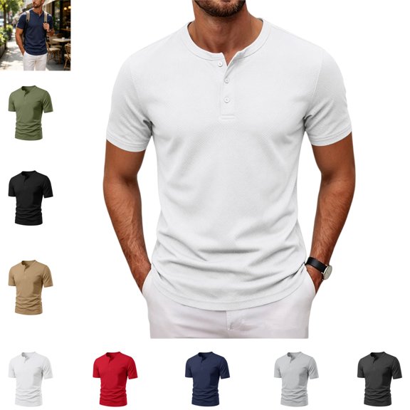Mfakffe Mens T-shirt Casual Henley Neck Comfy Fitness Outdoor Sport Shirt Breathable Short Sleeve Versatile Solid Color Top