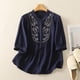 thumbnail image 2 of Vestidos Casuales Para Mujer, Blusas De Mujer De Moda Blusa de lino sintético con botones bordados para mujer, manga 3/4 y cuello alto, 2 of 5