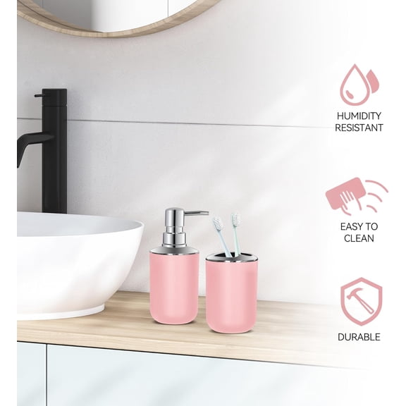 WarmHaven Pink Bathroom Accessories Set 2 PCS, Pink Bathroom Accessories, Plastic Soap Dispenser and Toothbrush Holder Set, Boho Bathroom Decor, Bathroom Set
