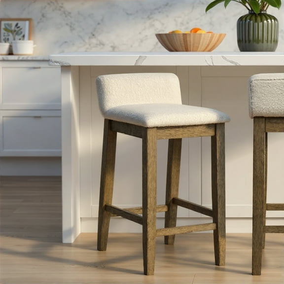 Annikah Modern Transitional Wood Counter Height Kitchen Bar Stool in Putty Brown Finish with White Boucle Fabric Upholstered Seat